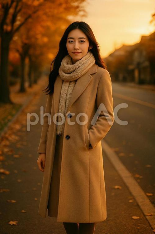 夕暮れの街角に立つ女性（秋・全身写真） 秋,夕暮れ,街角の写真素材