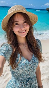 花柄ワンピの海辺セルフィー 花柄ワンピの海辺セルフィーの写真