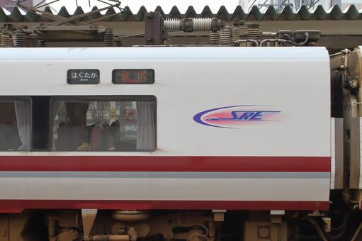 特急はくたか金沢ゆき、スノーラビット jr,jr西日本,北越急行の写真素材