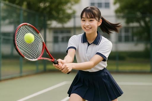 テニス部で練習をする女子学生 テニス部で練習をする女子学生の写真
