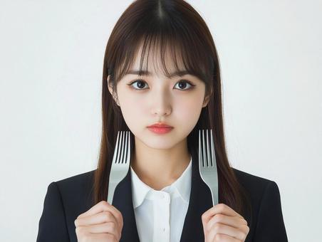 両手にフォークを持つビジネスウーマン 両手にフォークを持つビジネスウーマンの写真
