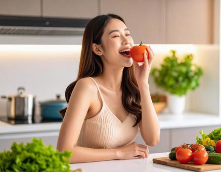 彼女のおすすめ夏野菜トマト・キッチンにて 彼女のおすすめ夏野菜トマト・キッチンにての写真