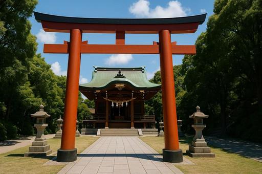 Shrine torii gate and main hall, approach on a clear day, first shrine visit of the year, worship, a shrine, torii, main shrine, JPG