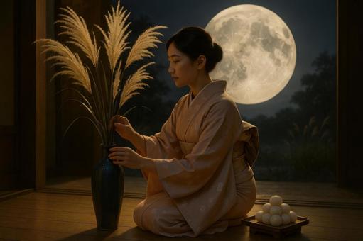 ススキを飾る和服姿の女性 ススキを飾る和服姿の女性の写真