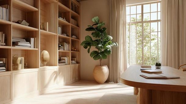 本棚と観葉植物のある部屋 本棚と観葉植物のある部屋の写真
