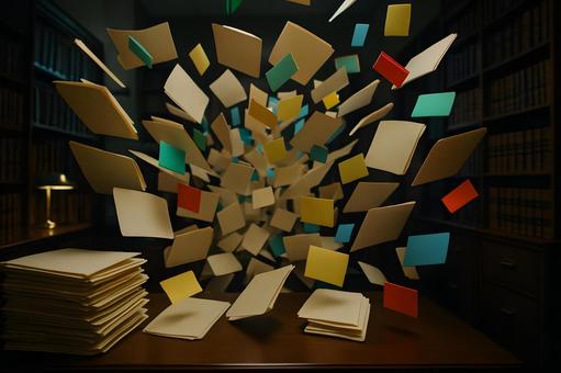 飛び交う書類 飛び交う書類の写真