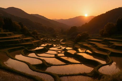 棚田を染める夕暮れの初秋風景 棚田を染める夕暮れの初秋風景の写真
