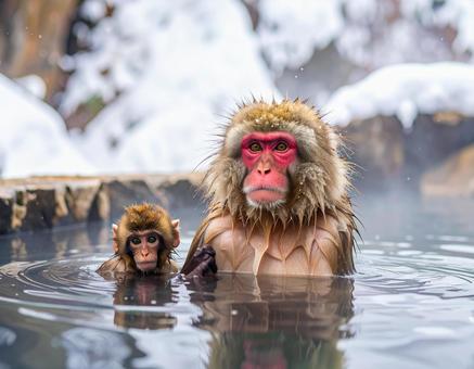 スノーモンキー・露天風呂の野猿(親子) スノーモンキー・露天風呂の野猿(親子)の写真
