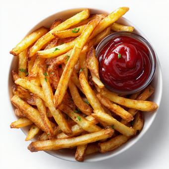 たくさんのポテトフライとケチャップ たくさんのポテトフライとケチャップの写真