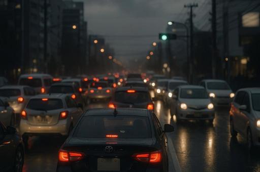 雨の夜渋滞する車道 雨の夜渋滞する車道の写真