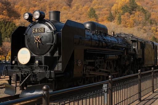 秋の紅葉を背景にした蒸気機関車 蒸気機関車,sl,鉄道の写真素材