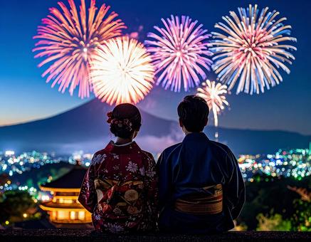 花火と浴衣を着たカップル 後ろ姿 花火と浴衣を着たカップル 後ろ姿の写真