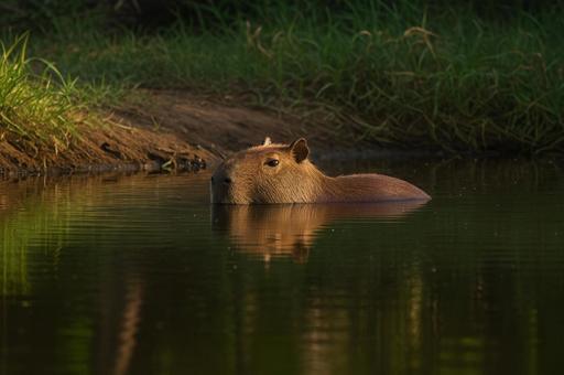 水辺に浮かぶカピバラ 水辺に浮かぶカピバラの写真