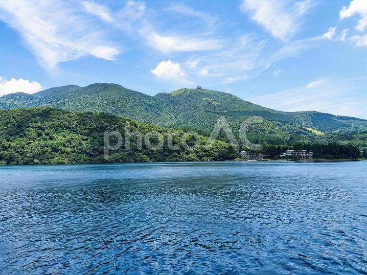 芦ノ湖にて海賊船から駒ヶ岳頂上駅を遠望 箱根海賊船,遊覧船,芦ノ湖の写真素材