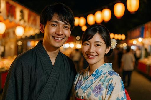 夜店の前で微笑む浴衣姿のカップル 夜店の前で微笑む浴衣姿のカップルの写真