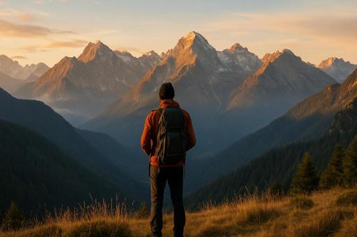 朝焼けに染まる山岳風景の写真
