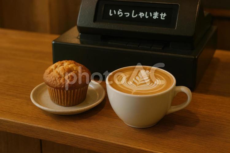 レジ横のマフィンとラテ カフェ,ラテ,カフェラテの写真素材