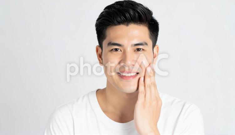 頬を触る 白いTシャツの男性 肌,白,髭脱毛の写真素材