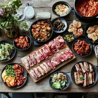 韓国の伝統料理と焼肉の豪華な食卓 韓国の伝統料理と焼肉の豪華な食卓の写真