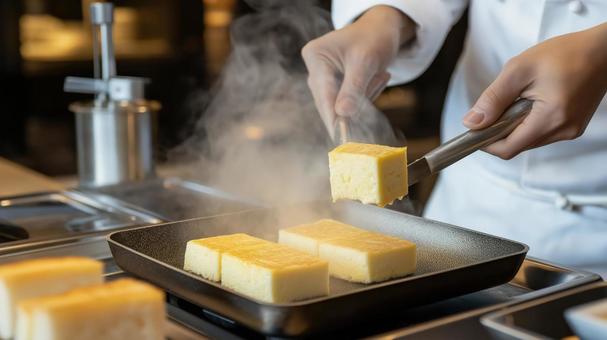 ふわふわ卵焼きを持ち上げるシェフ ふわふわ卵焼きを持ち上げるシェフの写真