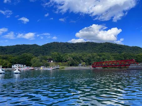 支笏湖 支笏湖 北海道,湖,橋の写真素材