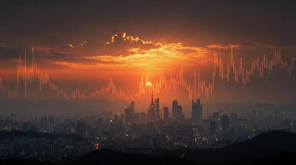 市場の動向を示す赤いグラフと都市風景 市場の動向を示す赤いグラフと都市風景の写真