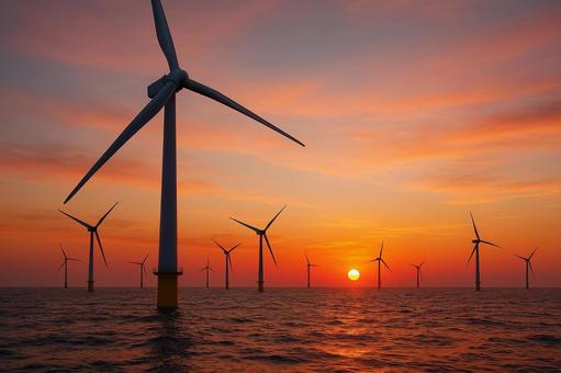 海上風力発電と夕日(再生可能エネルギー) 海上風力発電と夕日(再生可能エネルギー)の写真