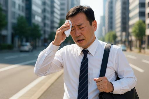 通勤中に汗を拭うサラリーマン 通勤中に汗を拭うサラリーマンの写真