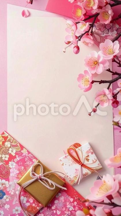 年賀状背景　梅の花　桃色の和紙 お正月,年賀状,梅の写真素材