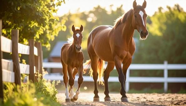 牧場を歩く馬の親子の写真