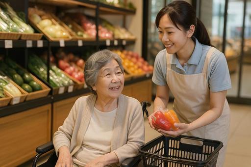 介護ヘルパーと買い物をしている女性 介護ヘルパーと買い物をしている女性の写真