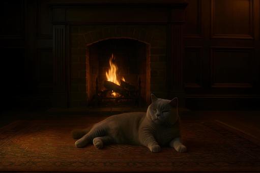 暖炉前で憩う猫 暖炉前で憩う猫の写真