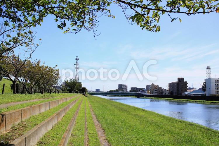 河川と緑地の景色 緑,空,町並みの写真素材