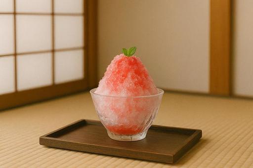 畳の上で味わういちごのかき氷 畳の上で味わういちごのかき氷の写真
