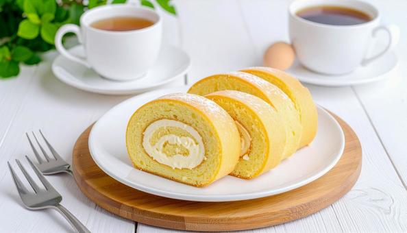 クリームたっぷりのシンプルなロールケーキ クリームたっぷりのシンプルなロールケーキの写真
