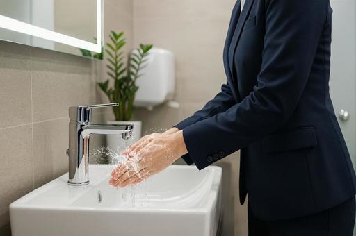 スーツ姿の女性が手洗いをしている様子の写真