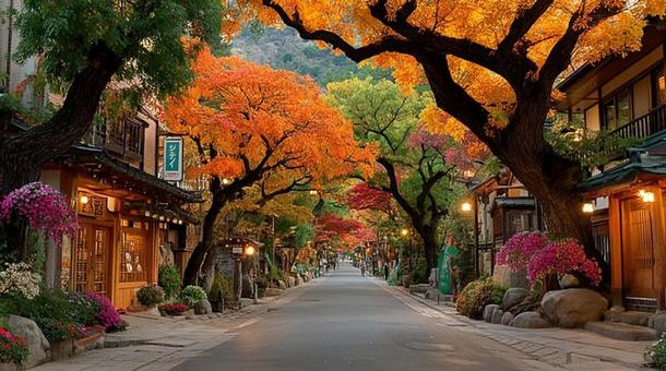 秋の紅葉　街並み　の写真