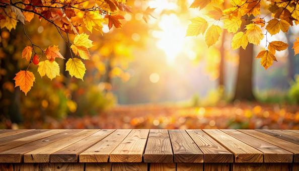 秋の紅葉と木のテーブル素材 秋の紅葉と木のテーブル素材の写真