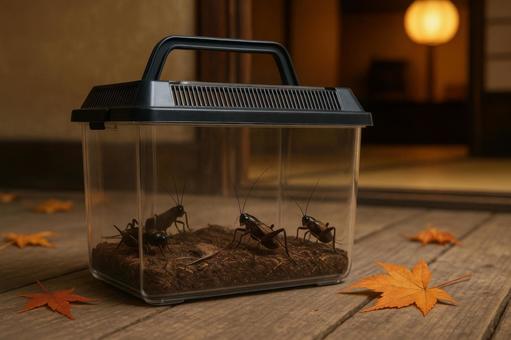 透明な虫かごに入った鈴虫 透明な虫かごに入った鈴虫の写真