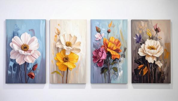白い壁に4枚の油絵 白い壁に4枚の油絵の写真