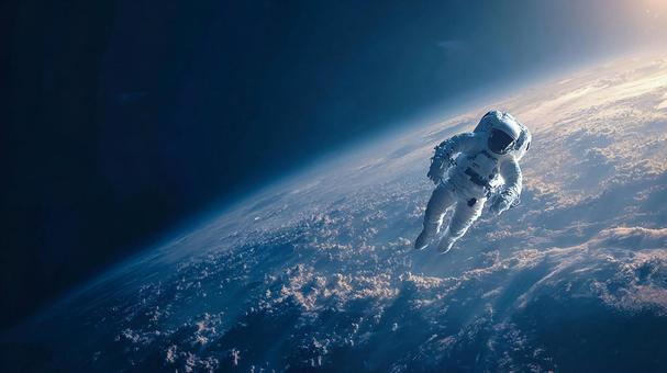 宇宙から見た青い地球と宇宙飛行士の姿 宇宙から見た青い地球と宇宙飛行士の姿の写真