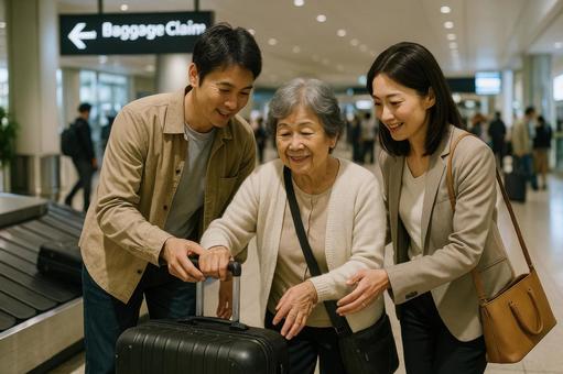 到着ゲートで荷物を受け取る夫婦と母親 到着ゲートで荷物を受け取る夫婦と母親の写真