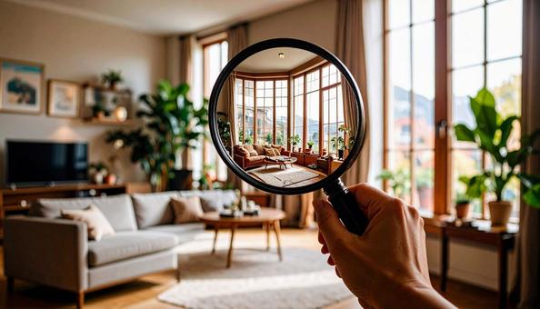 お部屋探し　虫メガネで部屋を見る人の手の写真