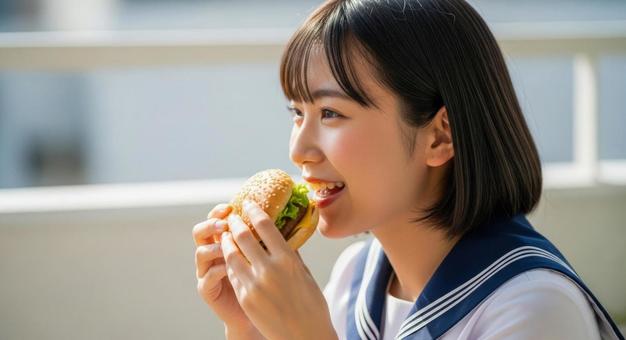 制服姿の女子高校生がハンバーガー食べるの写真