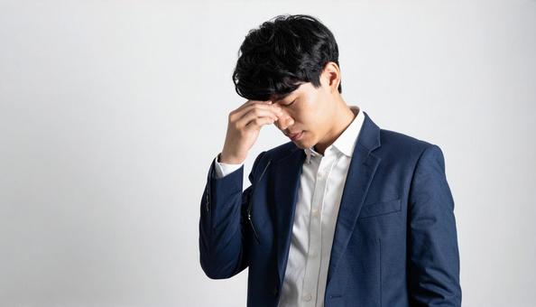 ビジネスイメージ うつむき悩む日本人男性 ビジネスイメージ うつむき悩む日本人男性の写真