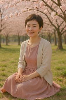 花見をする女性 花見をする女性の写真