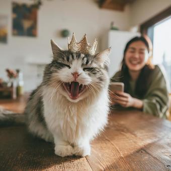 王冠をかぶって大きなあくびをする猫 王冠をかぶって大きなあくびをする猫の写真