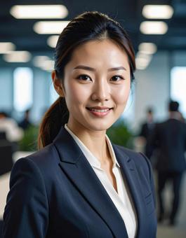 髪をまとめたキャリア女性の写真