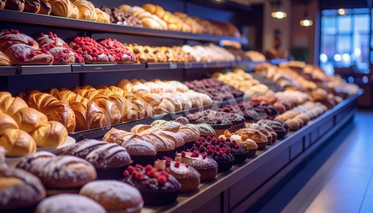 パン屋に並べられるたくさんのパン パン,クロワッサン,フードの写真素材