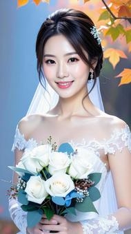 秋のウェデイングドレス姿の花嫁 ブーケ 秋のウェデイングドレス姿の花嫁 ブーケの写真